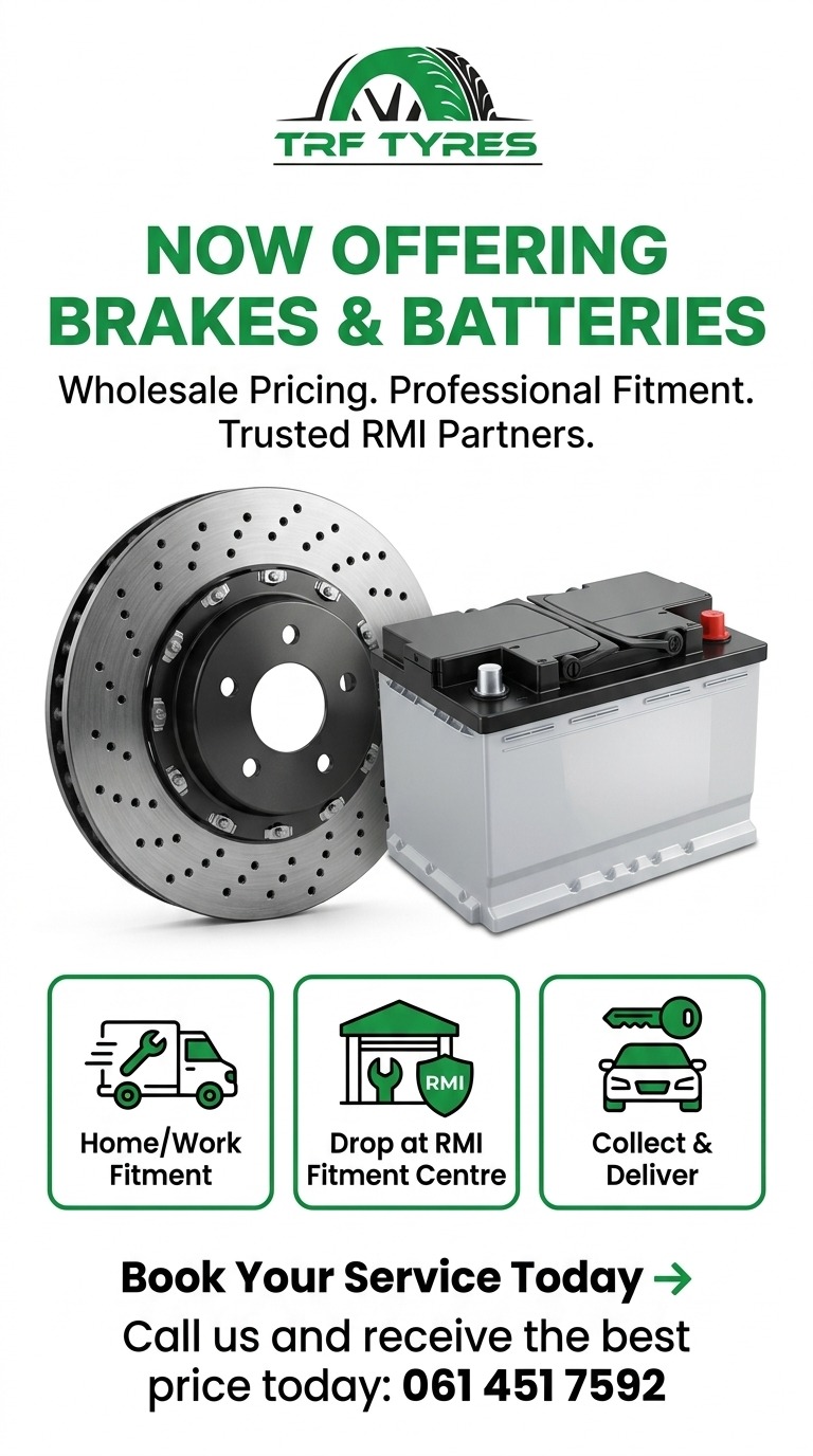 Now offering brakes and batteries — TRF Tyres